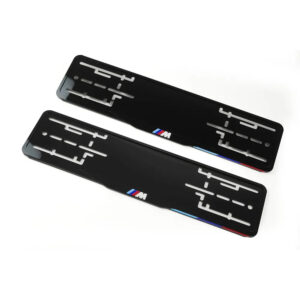 Комплект акриловых рамок госномера BMW M Performance (передняя+задняя), чёрные с белым логотипом и триколором внизу