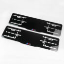 Комплект акриловых рамок госномера BMW M Performance (передняя+задняя), чёрные с серым логотипом и триколором внизу