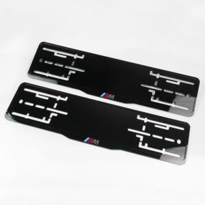 Комплект акриловых рамок госномера BMW M Performance (передняя+задняя), чёрные с серым логотипом и триколором внизу