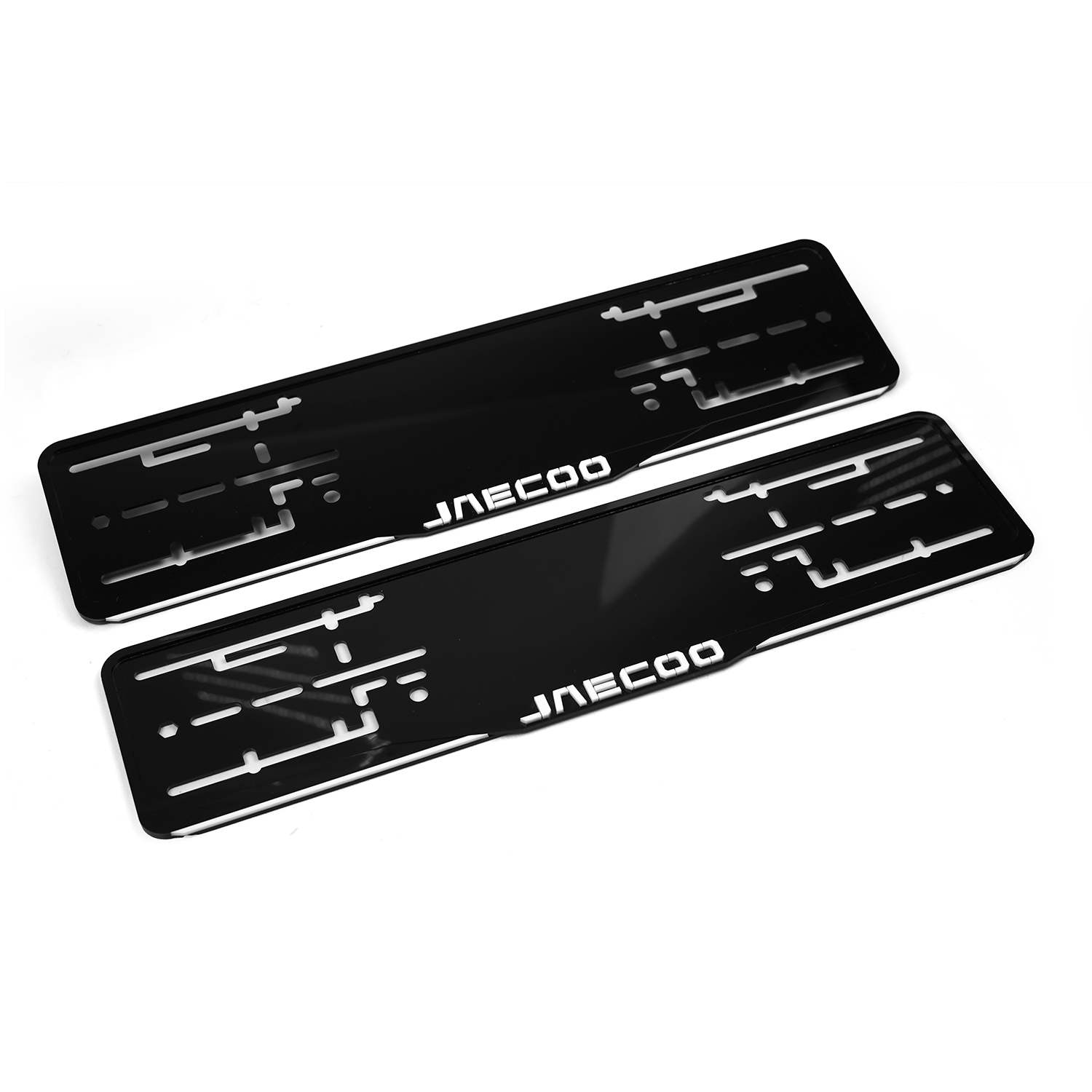 Комплект акриловых рамок госномера Jaecoo (передняя+задняя), чёрные с белым логотипом 1 Комплект акриловых рамок госномера Jaecoo (передняя+задняя), чёрные с белым логотипом